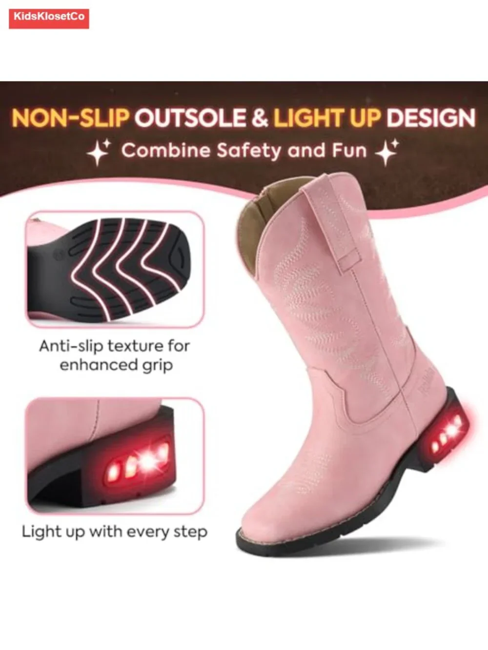 Light Up Western Cowboy Boots with Side Zipper for Kids